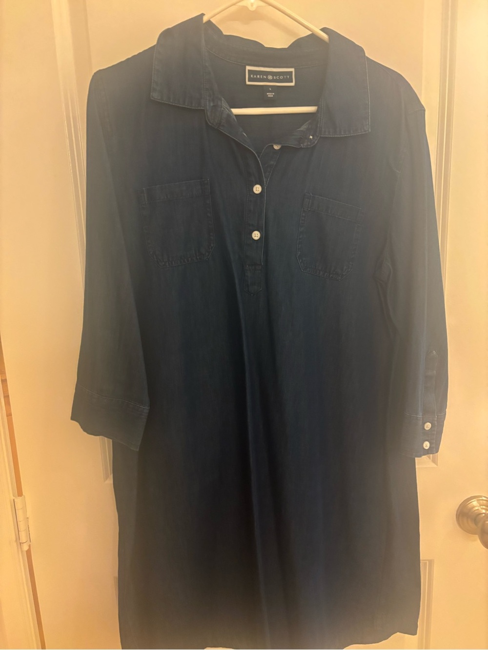 Karen Scott Long Sleeve Dress in Navy Blue Denim Lightweight